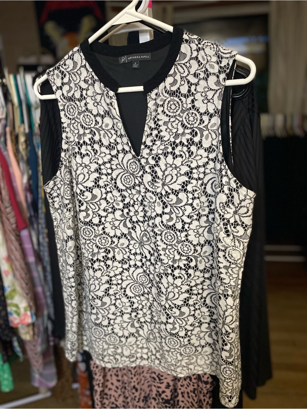 Adrianna Papell Black and White Floral Lace-Sleeveless Notch Top
